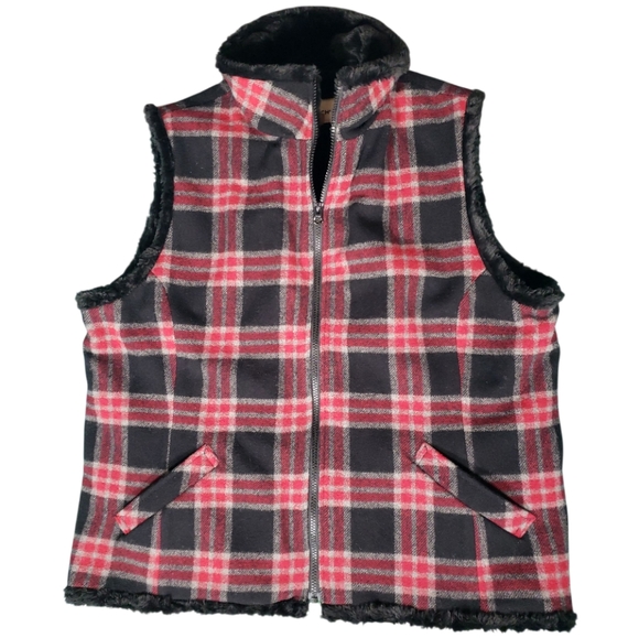 Vintage Woolrich Plaid Vest Buffalo Check Wool Blnd Faux Fur Gorp Outdoor Camp - Picture 4 of 12